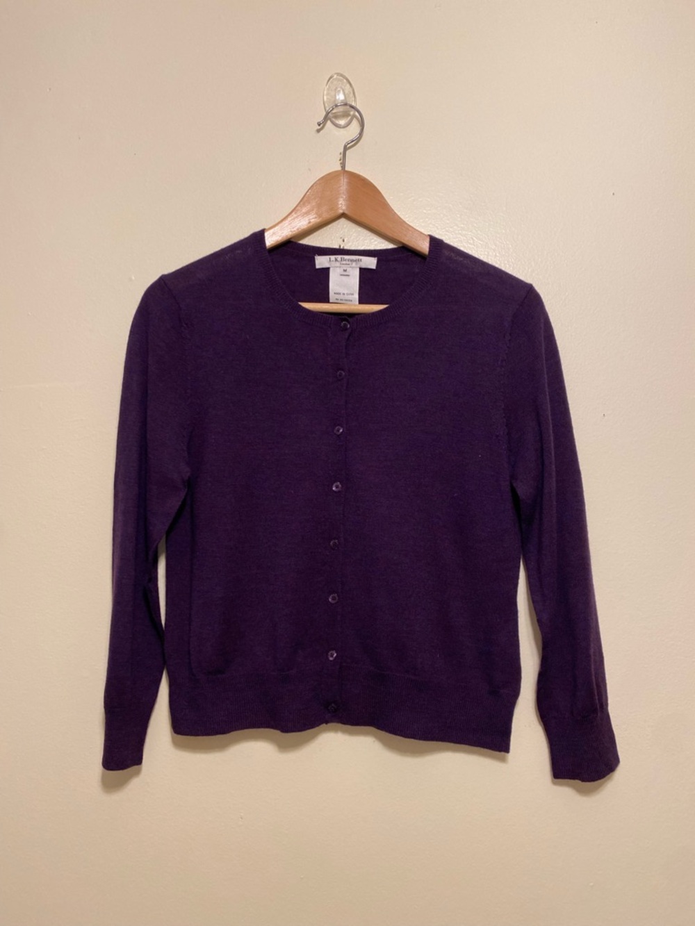 LK Bennett Merino Wool Women's Purple Button-Front Crewneck Cardigan. Size M